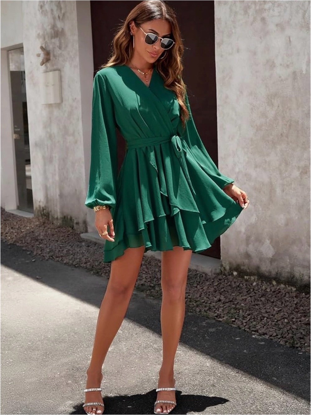 Elegant Emerald Green Wrap Dress with Ruffled Skirt